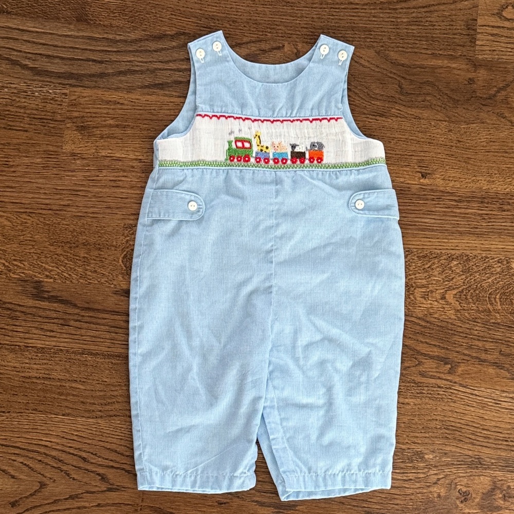 Mom & Me Light Blue Gingham Smocked Embroidered Animal Train Boys Romper